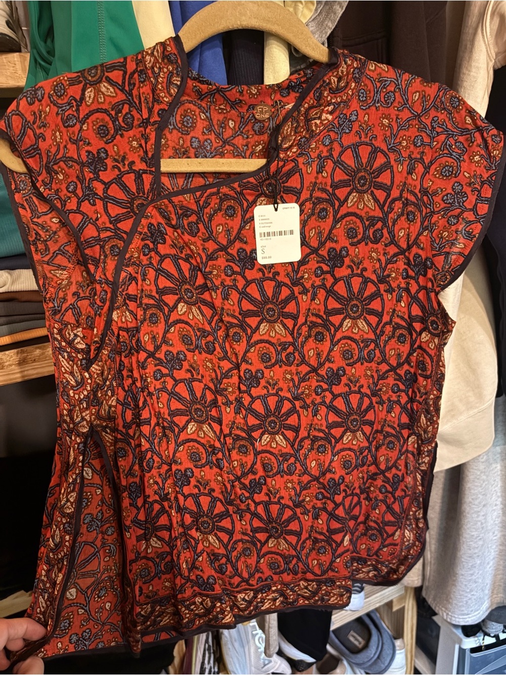 Free People Rust Red Floral-Print Short Sleeve Top